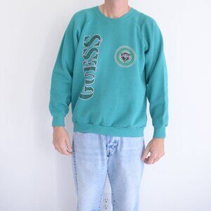 Vintage 90S Guess Teal Block Letter Crew Neck Sweater Size XL Made In USA